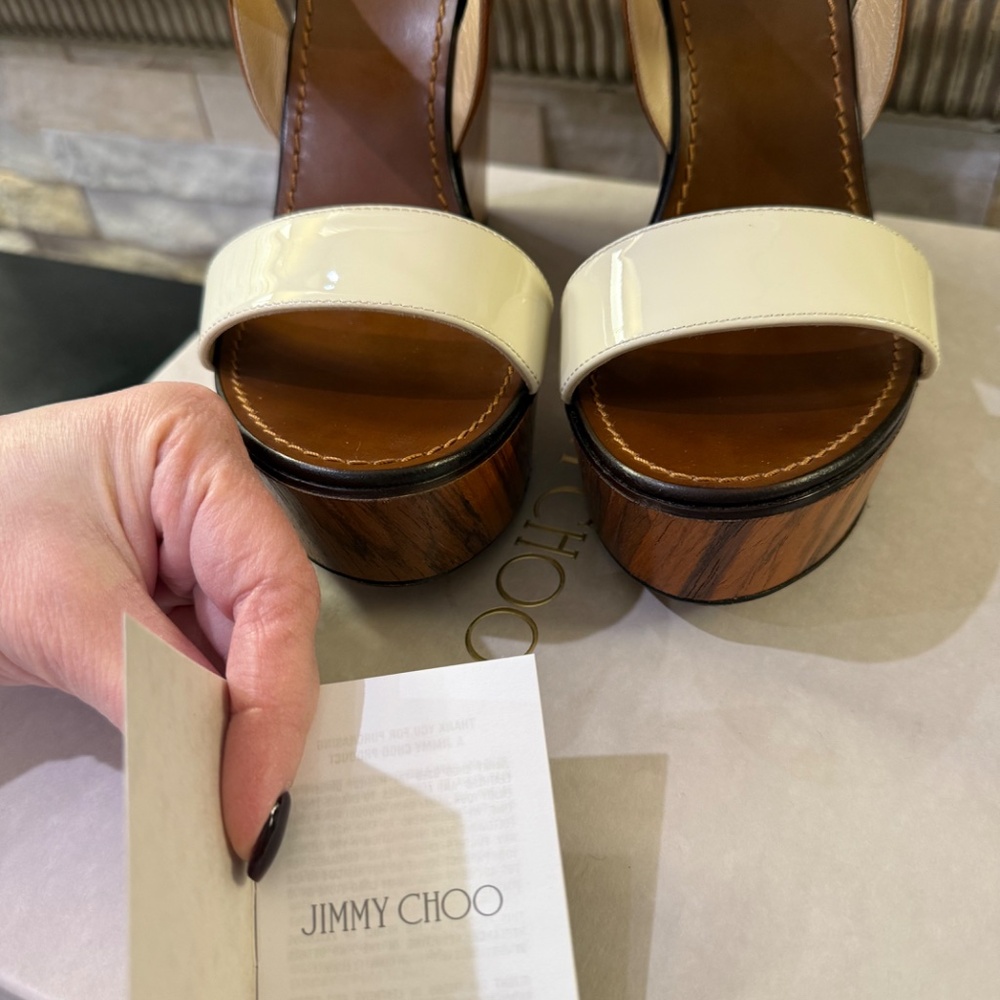 Jimmy Choo Brown and Cream Wood-Platform Slingback Sandals - Picture 7 of 8